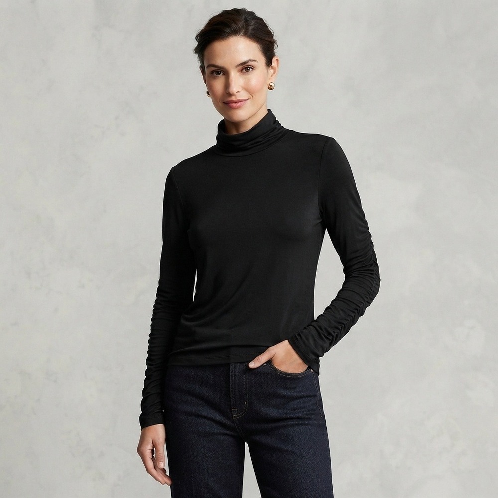 NWT Banana Republic Soft Luxe Turtleneck Shirt Ruched Sleeve Black Large NEW